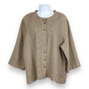 J. Jill Linen Pintucked Embroidered Button Up Blouse size XL